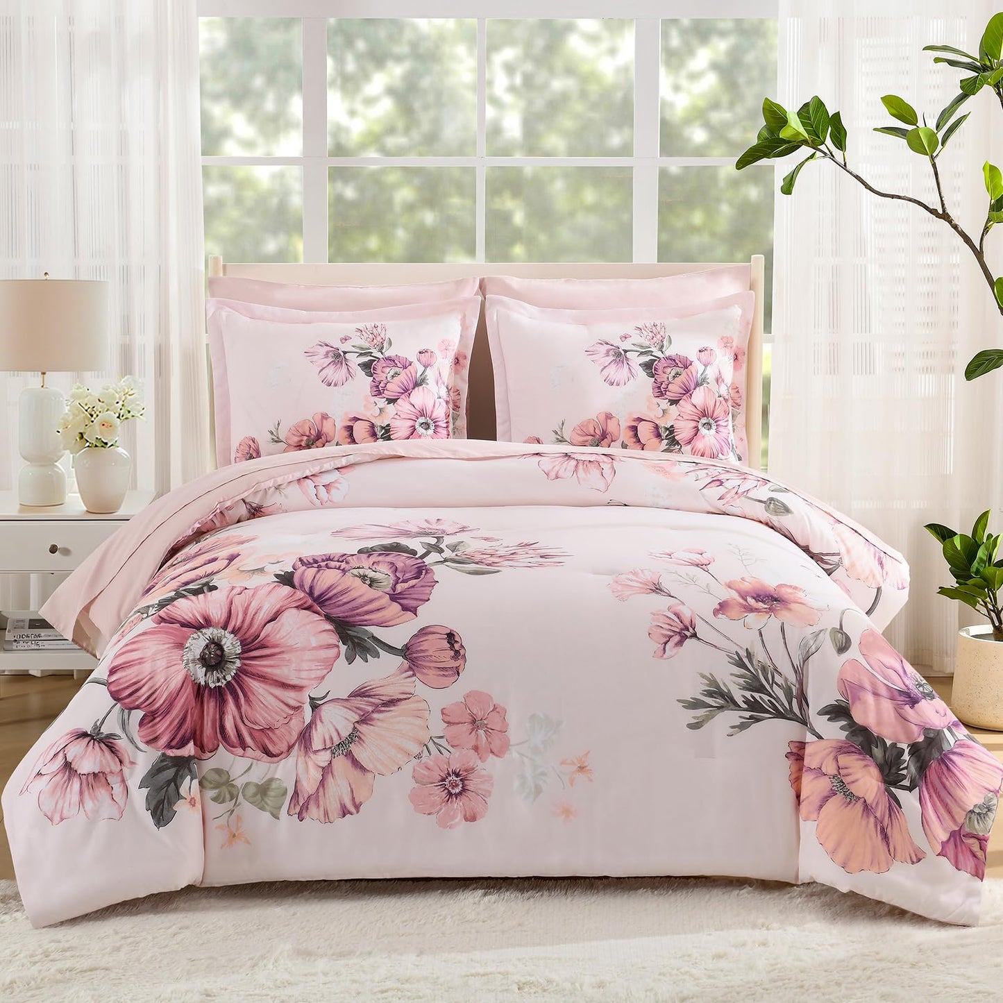LLDSYW Queen Comforter Set - 7 Pieces Bed in a Bag Pink Floral Queen Comforter Set with Sheets, Soft Microfiber Flower Complete Bedding Set for All Seasons（Pink,90"x90"）