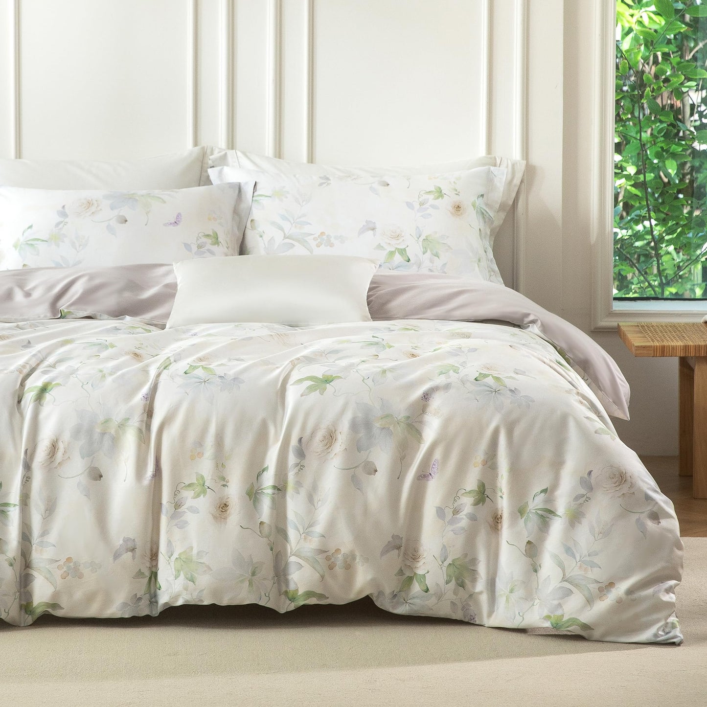 MILDLY Queen Duvet Cover Set - 100% Long-Staple Cotton Beige Floral Patten Reversible Comforter Cover - 3Pcs Soft Breathable Luxury Bedding for All Season