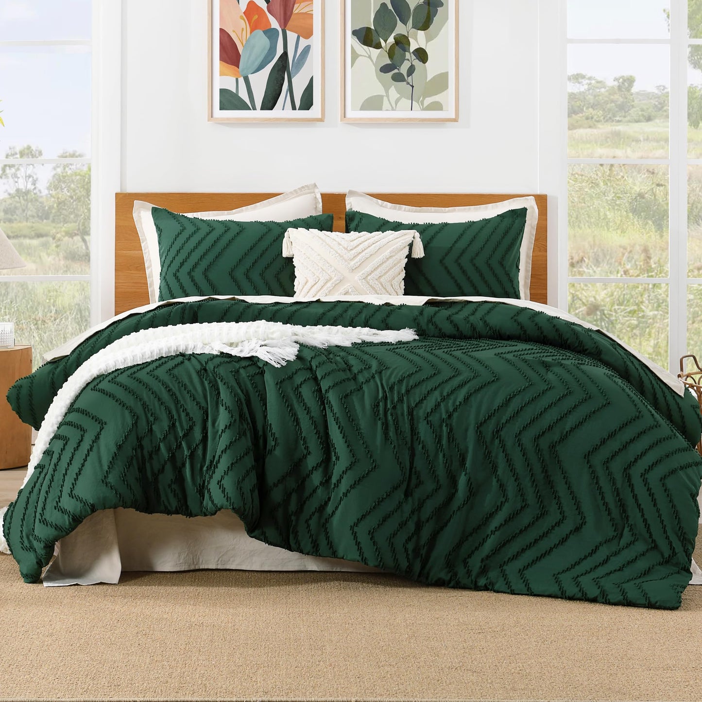 Litanika King Size Comforter Set Dark Emerald Green, 3 Pieces Lightweight Fluffy Comforter King Size Boho Tufted Comforter Bed Set Gift Choice