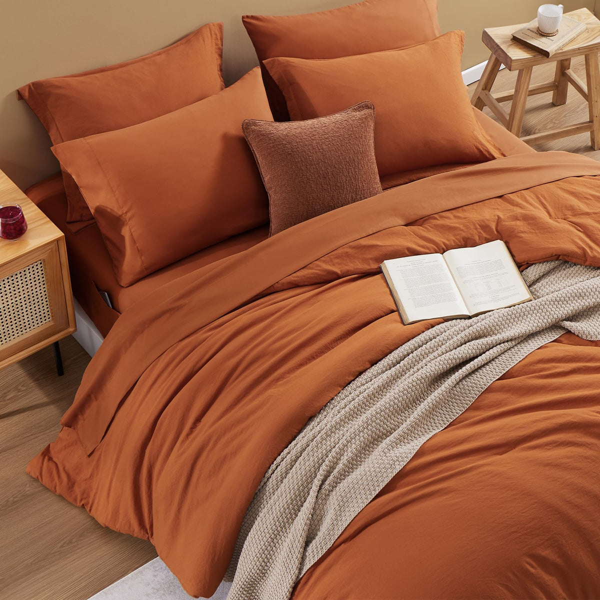 WRENSONGE Queen Comforter Set- 7 Pieces Soft Burnt Orange Bed in a Bag with Fitted Sheet, Flat Sheet, 2 Shams, and 2 Pillowcases-Warm Bed Sets Fall Comforter for All Seasons
