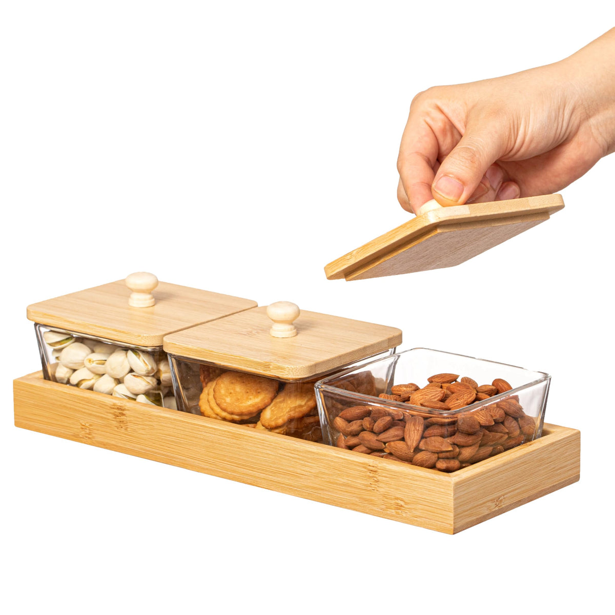 Basicwise Set of 3 Square Glass Jars with Bamboo Lids and Wooden Tray – Rectangular Charcuterie, Snack Organizer and Fruit Platter for Party, Candy Jars, Cookies, Nuts, Fruits and Snack Box