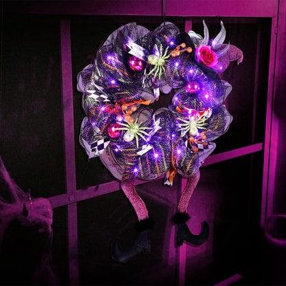 Lulu Home Halloween Front Door Wreath, Purple LED Lighted Witch Hat Wreath, Battery Operated, NOT PRELIT