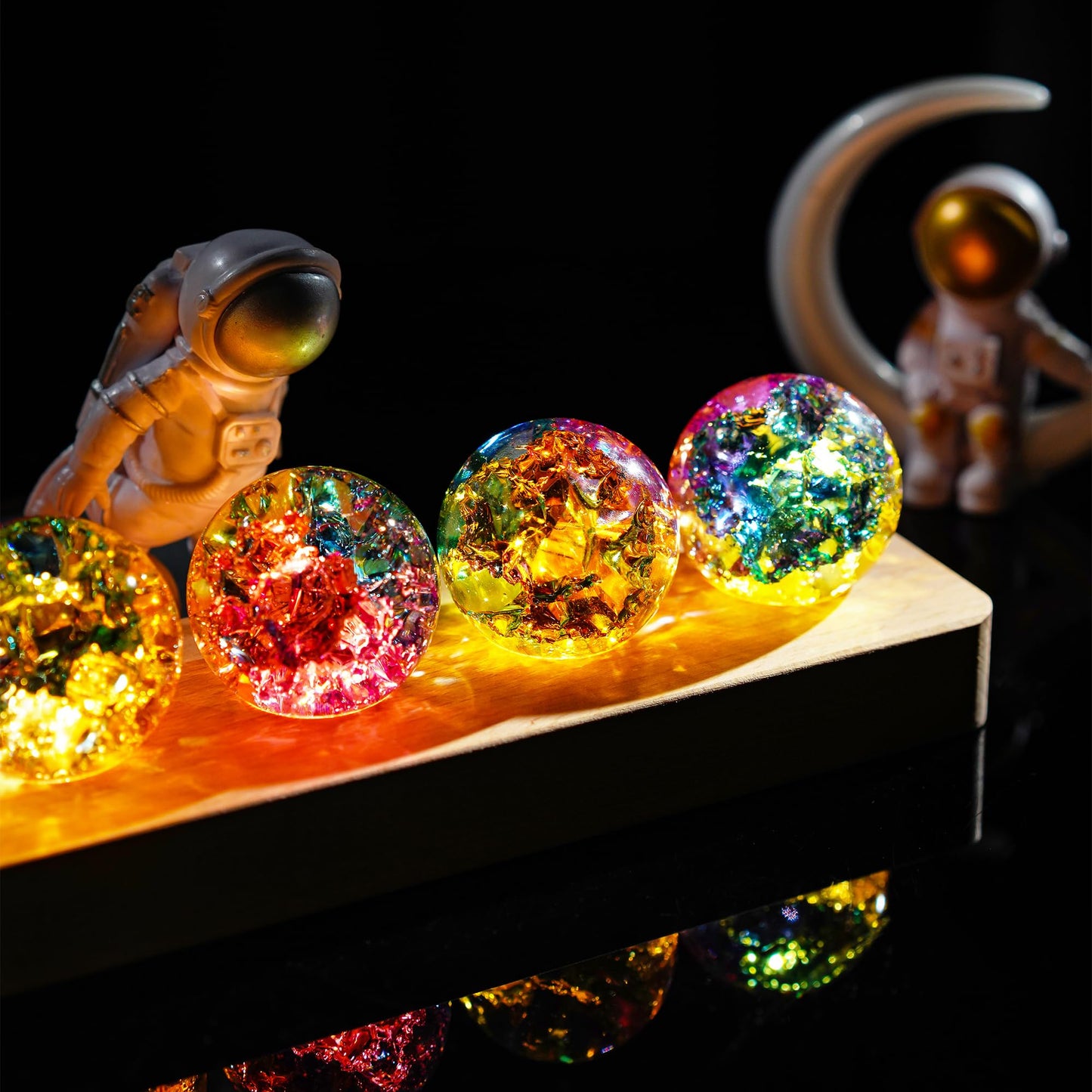 LOULIQIGIFT Set of 7 Crystal Balls Night Light Decor Healing Spheres with LED Wooden Stand for Meditation Energy Balancing Home Office Mother's Day Decoration Gifts for Women