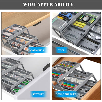Fockety Drawer Organizer, Multi Level Collapsible Drawer Organizer with Adjustable Compartments, Expandable Desk Organizer Trays for Jewelry, Makeup, Silverware Storage Organizer (2