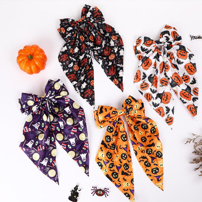 Halloween Silky Satin Hair Bows for Women,Big Ribbon Bow Hair Clips for Girls, Oversized Long Tail Hair Barrettes Cute Hair Accessories (Halloween purple)