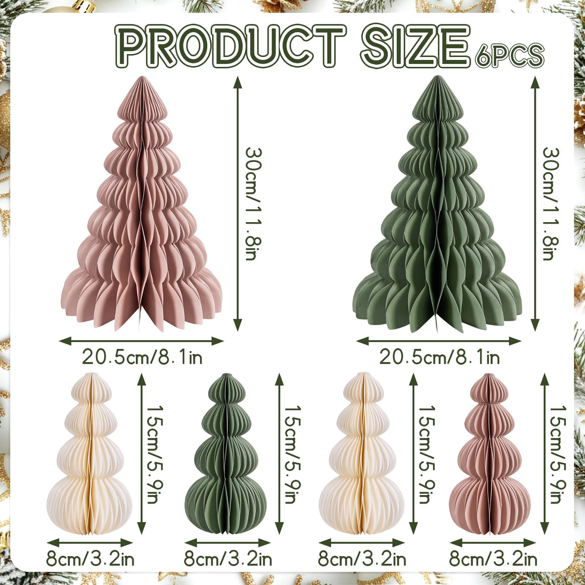 OBBOLO 6 Pcs Paper Christmas Tree, Beige, Sage Green and Dusty Pink Tabletop Christmas Decorations with Magnetic Closure, 12" & 6" Foldable Reusable Holiday Trees for Mantel, Table Centerpiece