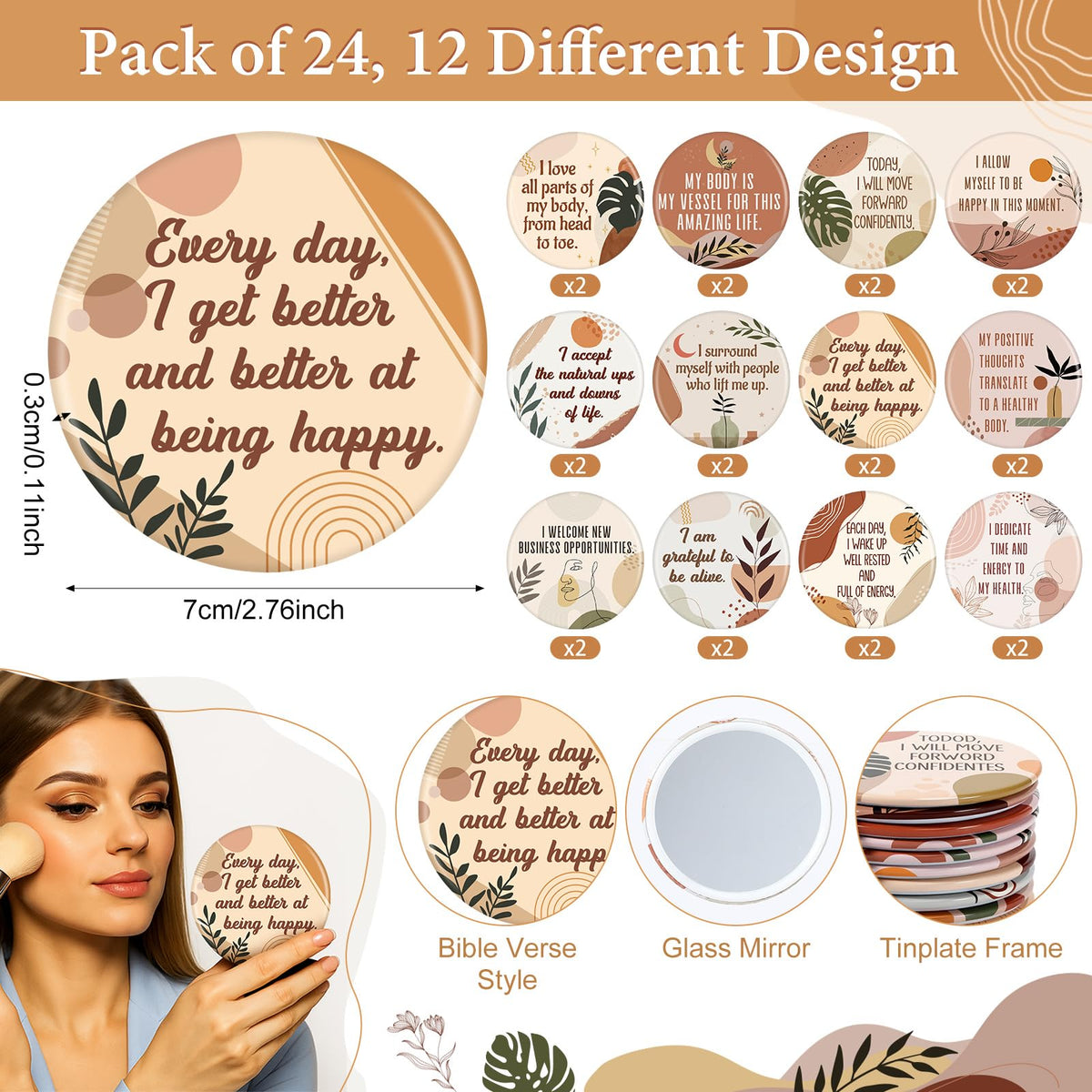 Mooliwe 72 Pcs/24 Set Positive Affirmation Gift Set for Women Gratitude Notebooks with Ballpoint Pens Mini Mirrors Small Bags Motivational Encouragement Notepad for Women Coworkers Adult Party Favor