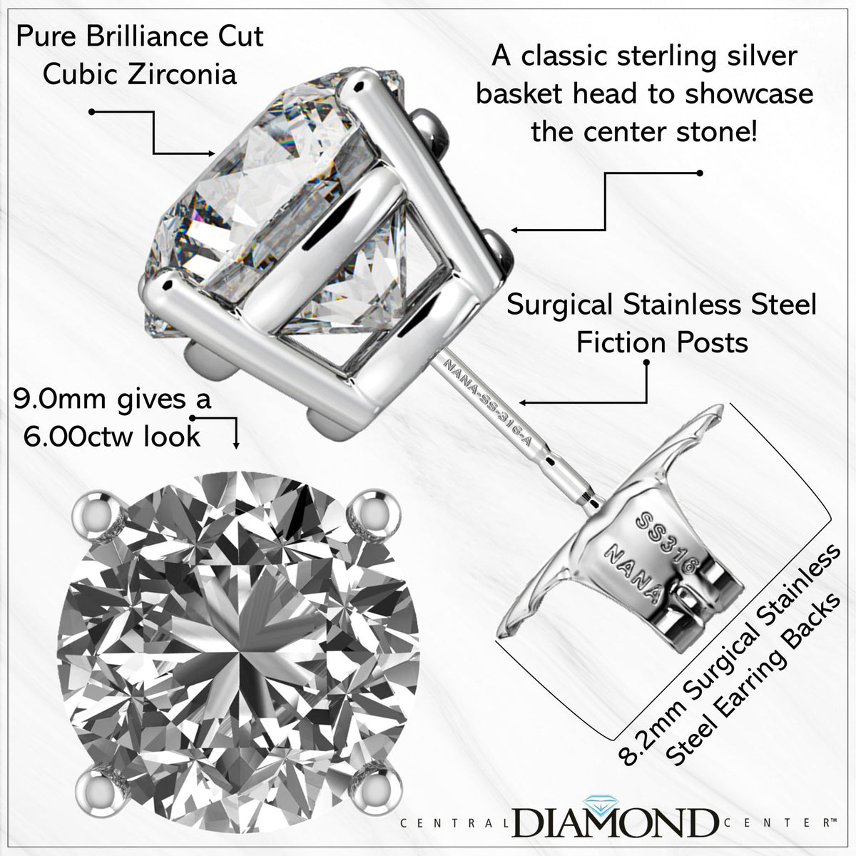 Central Diamond Center Round Simulated Diamond Stud Earrings Hypoallergenic Metal & Sterling Silver CZ - 9.00mm (6.00cttw) Yellow