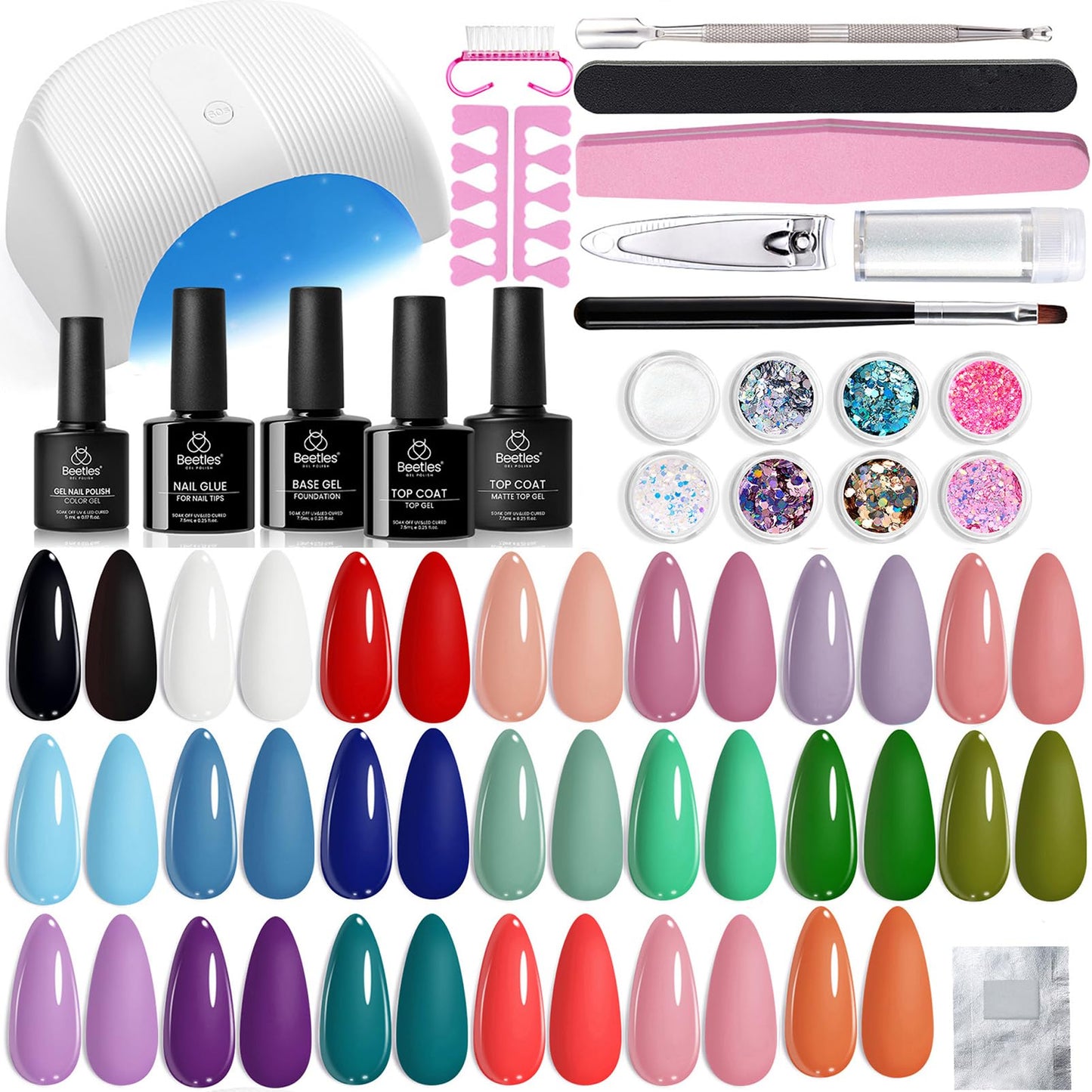 Beetles Gel Nail Polish Kit with U V Light -54 Pcs Gel Nail Kit Four Seasons Glow 32 Colors Set with Base Matte & Glossy Top Coat Soak Off Home DIY Manicure Nails Beginners Gifts for Women Teen Girls
