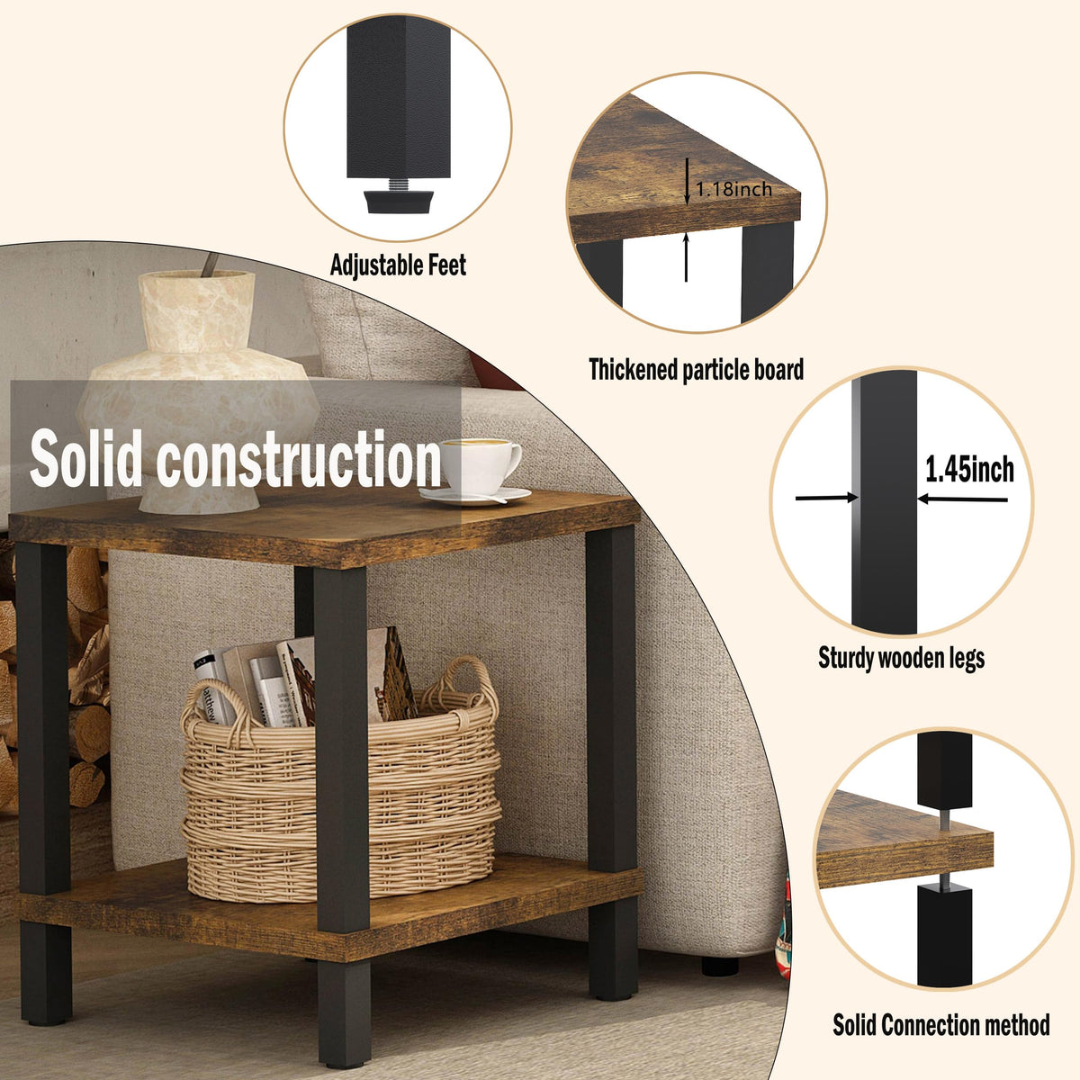 MMEOLUOOK Large End Table Square Side Table Modern Sofa Table 20 Inch Industrial Coffee Table NightStand with 2-Tier Storage Shelf for Living Room Bedroom Rustic Brown MLBZ06R