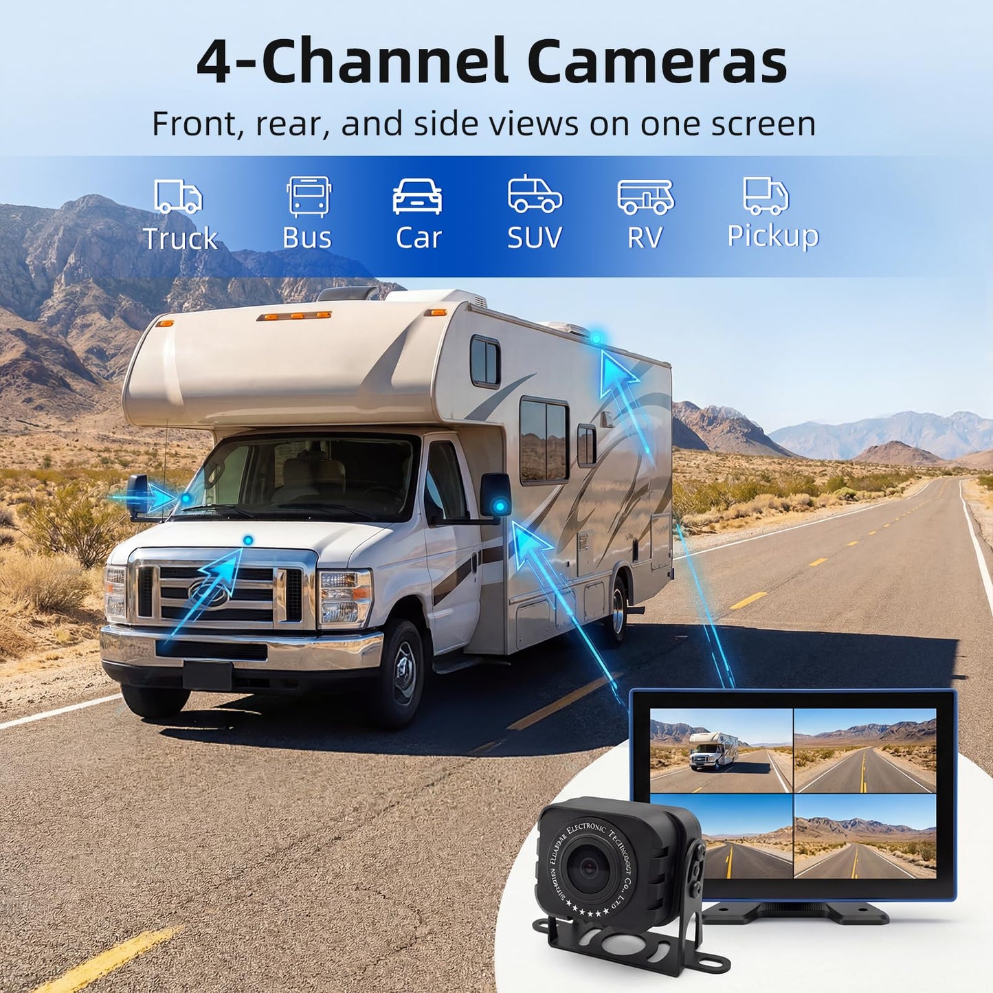4K RV Backup Camera System 10.1 Quad Split Touchscreen Monitor with 4 1080P Night Vision Cameras IP68K Waterproof Wired Camera for RV Trailer Truck Semi-Trailer, DVR Loop Recording