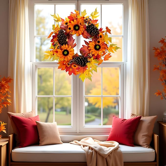 20-inch Fall Wreath, Battery Operated Autumn Wreath with 20 Fairy Lights, Sunflower, Pine Cones, Maple Leaves, Orange & Purple Berries