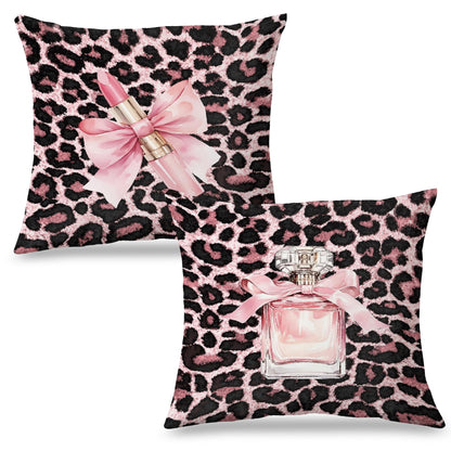 Exqcom Pink Leopard Print Pillow Covers 18x18 Set of 2, Preppy Room Decor Aesthetic, Coquette Girly Lipstick Perfume Cheetah Throw Pillow Covers for Girls Room Dorm Apartment Sofa Couch