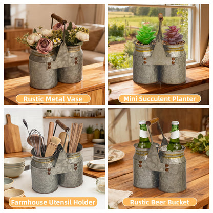 UPPER DECOR Set of 2 Rustic Galvanized Utensil Holders with Handles, Farmhouse Kitchen Crocks for Spoons, Forks & Knives, Countertop Organizer Buckets for Rustic Farmhouse Decor, 8"x4"x6.75"