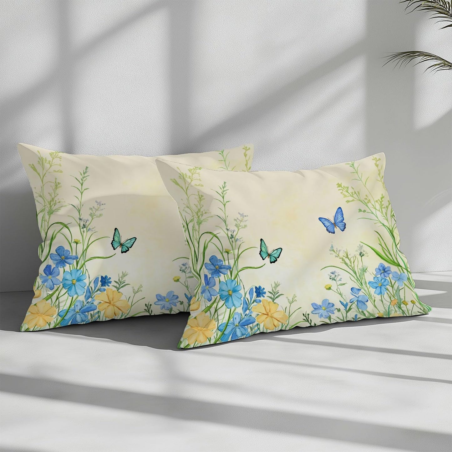 Twin Duvet Cover Set - Countryside Flower Field Butterfly Bedding Beige, 2 Piece Set with Zipper Closure, Easy Care Breathable Cozy, 1 Duvet Cover 68 x 90 inches and 1 Pillow Shams