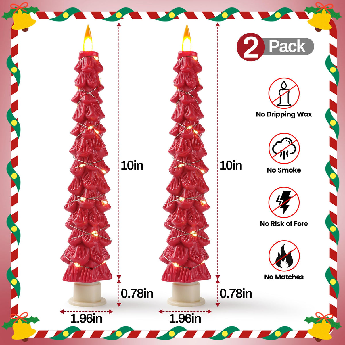 Da by 2 Pack Red Christmas Tree LED Taper Candles, Flameless Candles with Surrounding Copper String Lights, Upgraded Realistic Flickering Flame, Battery Operated with Remote for Christmas Home Decor