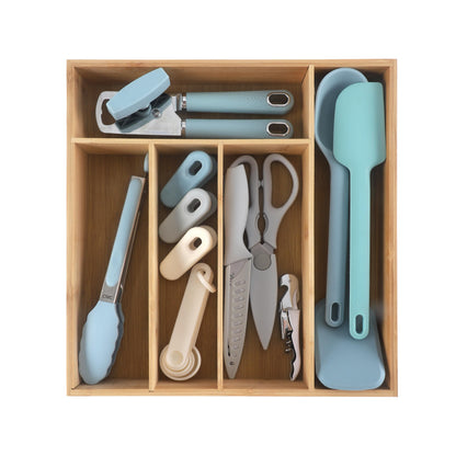 COOK WITH COLOR Bamboo Kitchen Utensil Set with Drawer Organizer | Cooking Tools and Storage Caddy, Blue, 18 Piece Gadget Set