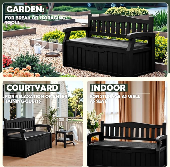 Flamaker 80 Gallon Storage Bench Outdoor Indoor, Durable All-Weather Seating with Hidden Storage, Lockable Deck Box for Garden, Patio, Poolside (Black)