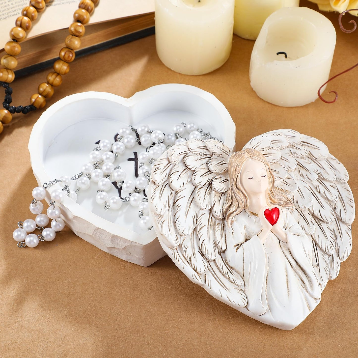 Wesiti Guardian Angel Figurine Gift for Women First Communion Angel Religious Keepsake Box Hand-Painted Resin Rosary Case Catholic Prayer Box Baptism Confirmation Spiritual Easter Decor(Love You)