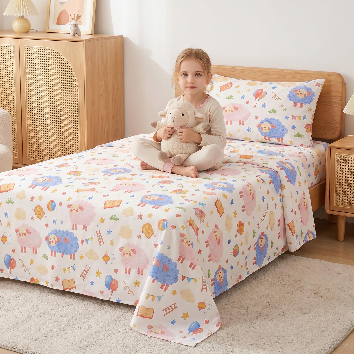 YIYEA 100% Cotton Kids Sheets, Ultra Soft Cozy Cute Bed Sheets Set for Girls, Boys, Teens, 16" Deep Pocket, 3PC, Twin