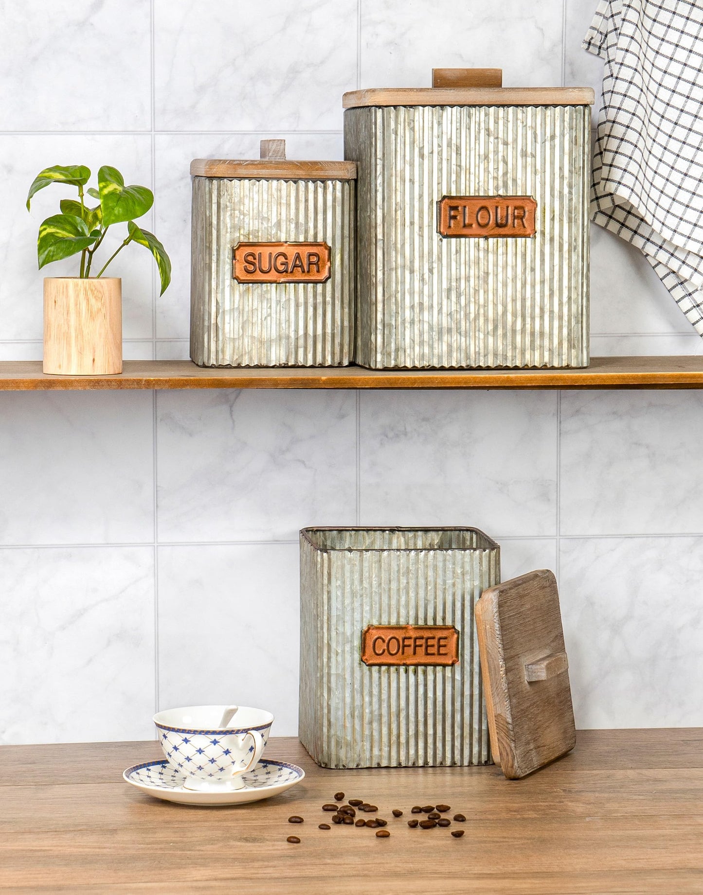 Red Co. Set of 3 Pre-Labeled Sugar, Coffee & Flour Distressed Metal Storage Canister Jars with Wooden Lids