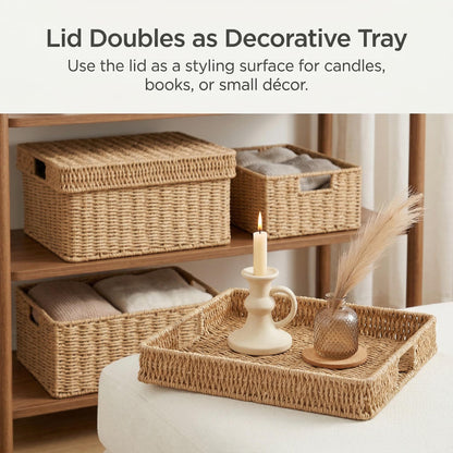 GANLUX Wicker Storage Basket with Lid - Woven Basket for Storage,Rectangular Decorative Boxes Bins with Lids for Shelves,living room, Nursery, 3 baskets+1 lids(Natural)