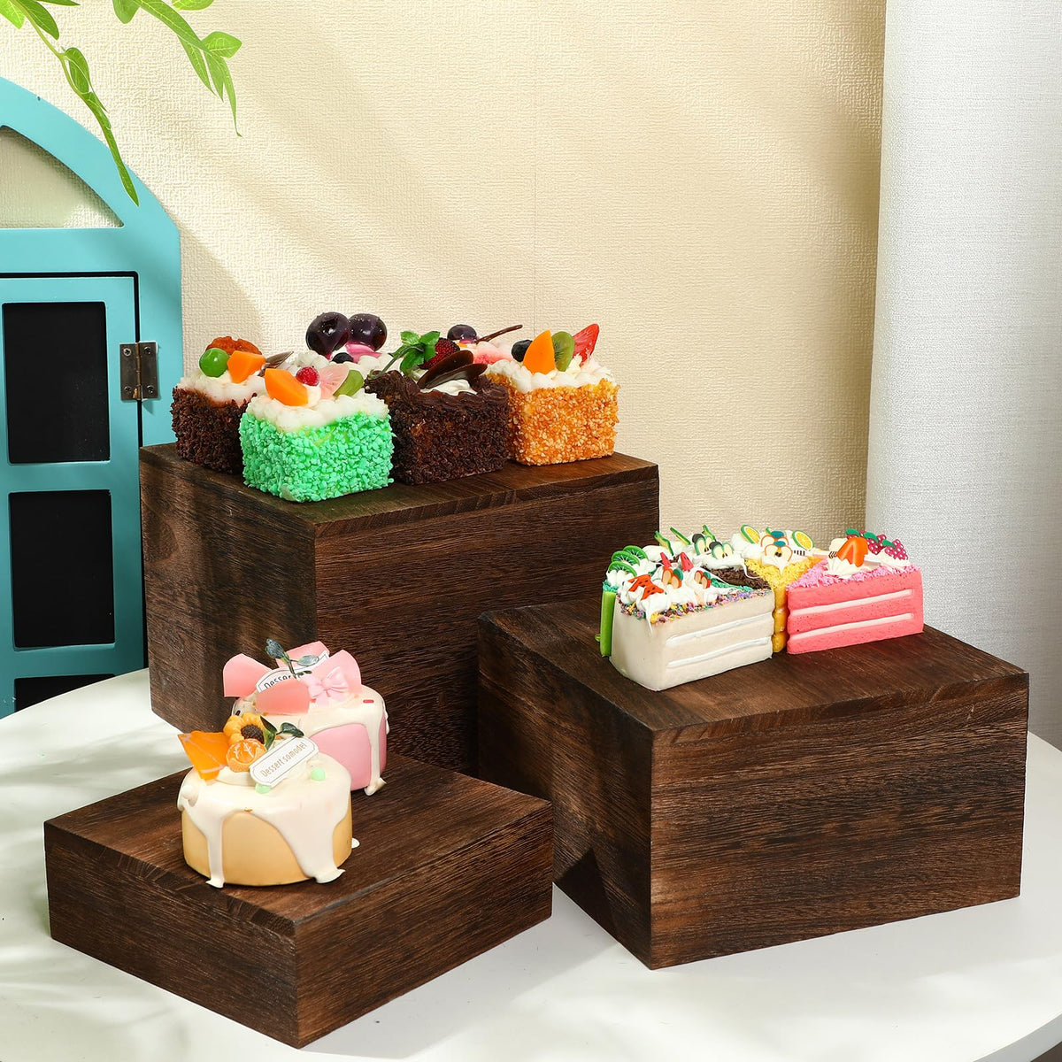 Barydat 3 Pcs Wooden Risers Stands Cake Rustic Stackable Square Cupcake Stands Base for Buffet Table Dessert Food Birthday Wedding Party