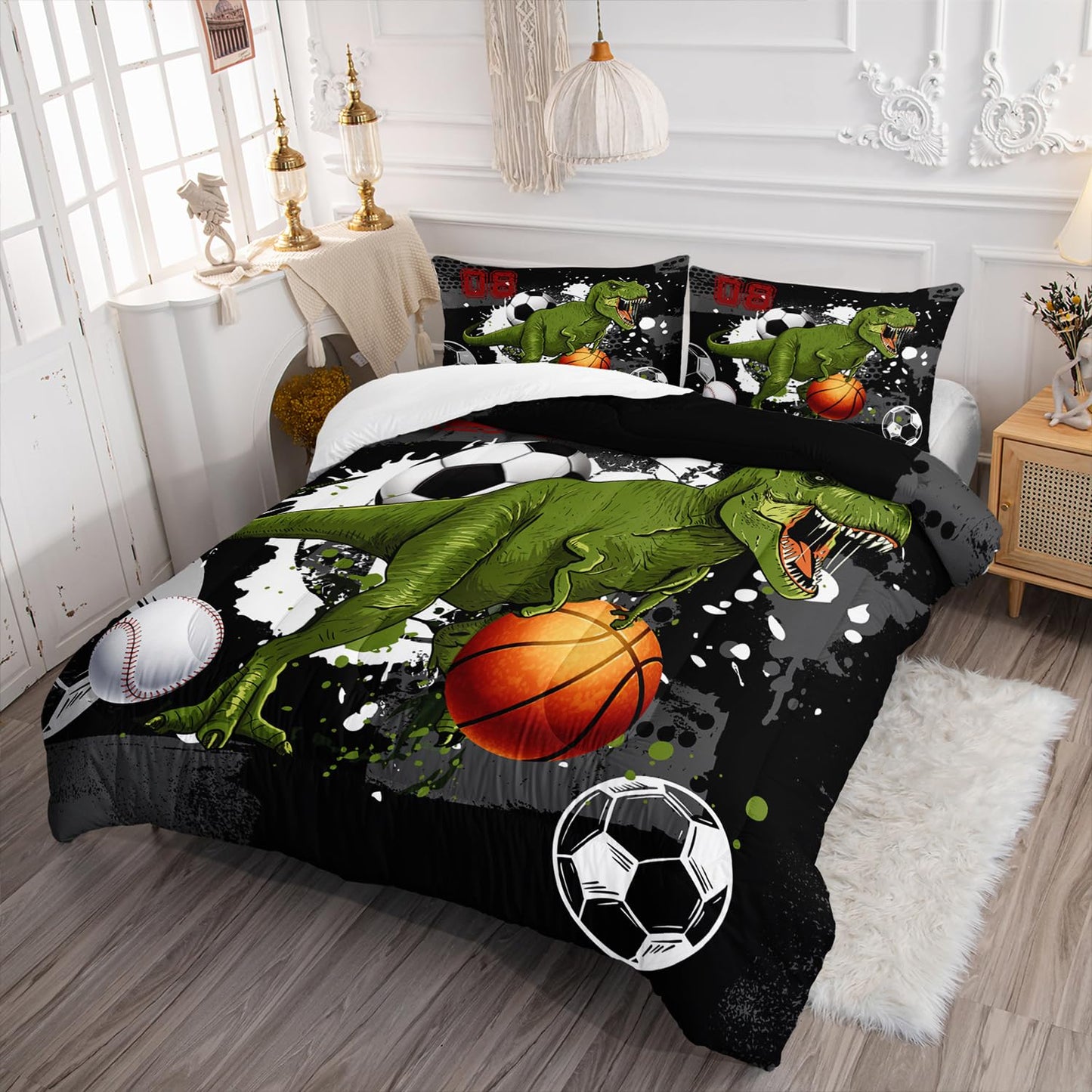 AILONEN Boys Dinosaur Comforter Set Twin Dinosaur Bedding Set,Sport Basketball Soccer Ball Print Comforter Set,3 Pieces Teen Boys Bed in a Bag, 1 Quilt and 2 Pillowcases