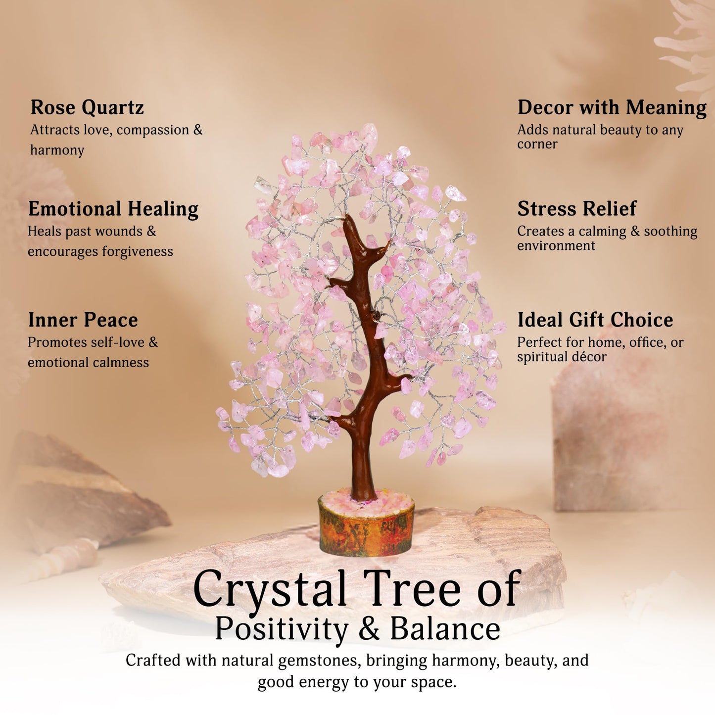 YATSKIA Rose Quartz Tree, Rose Quarts Crystal, Stone Crystal Money Tree - Feng Shui Decor - Spiritual Gift, Home Office Decor - 10-12 Inch Approx