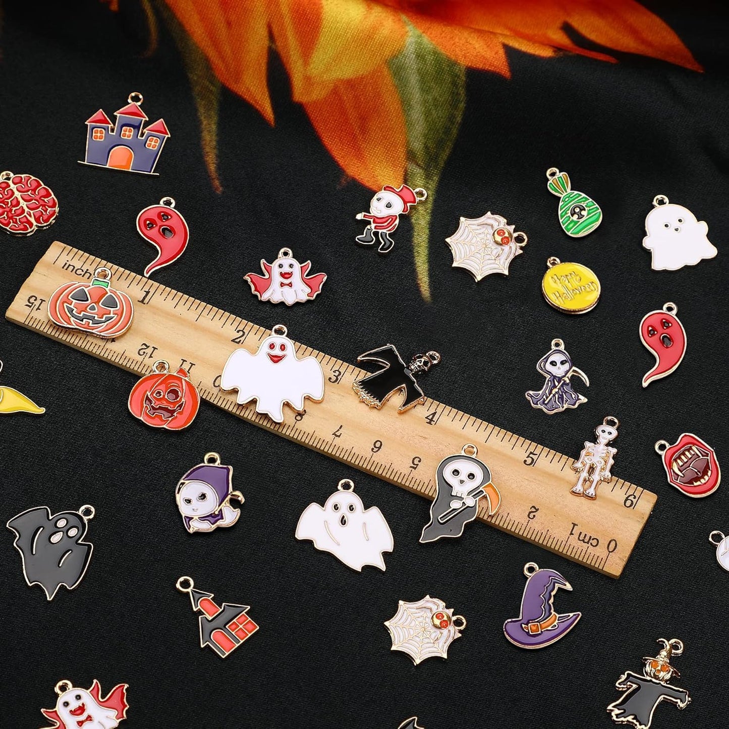 SANNIX 110Pcs 55 Pairs Halloween Charms Gold Enamel Jewelry Pendants for Halloween Earring Bracelet Necklace Craft Making