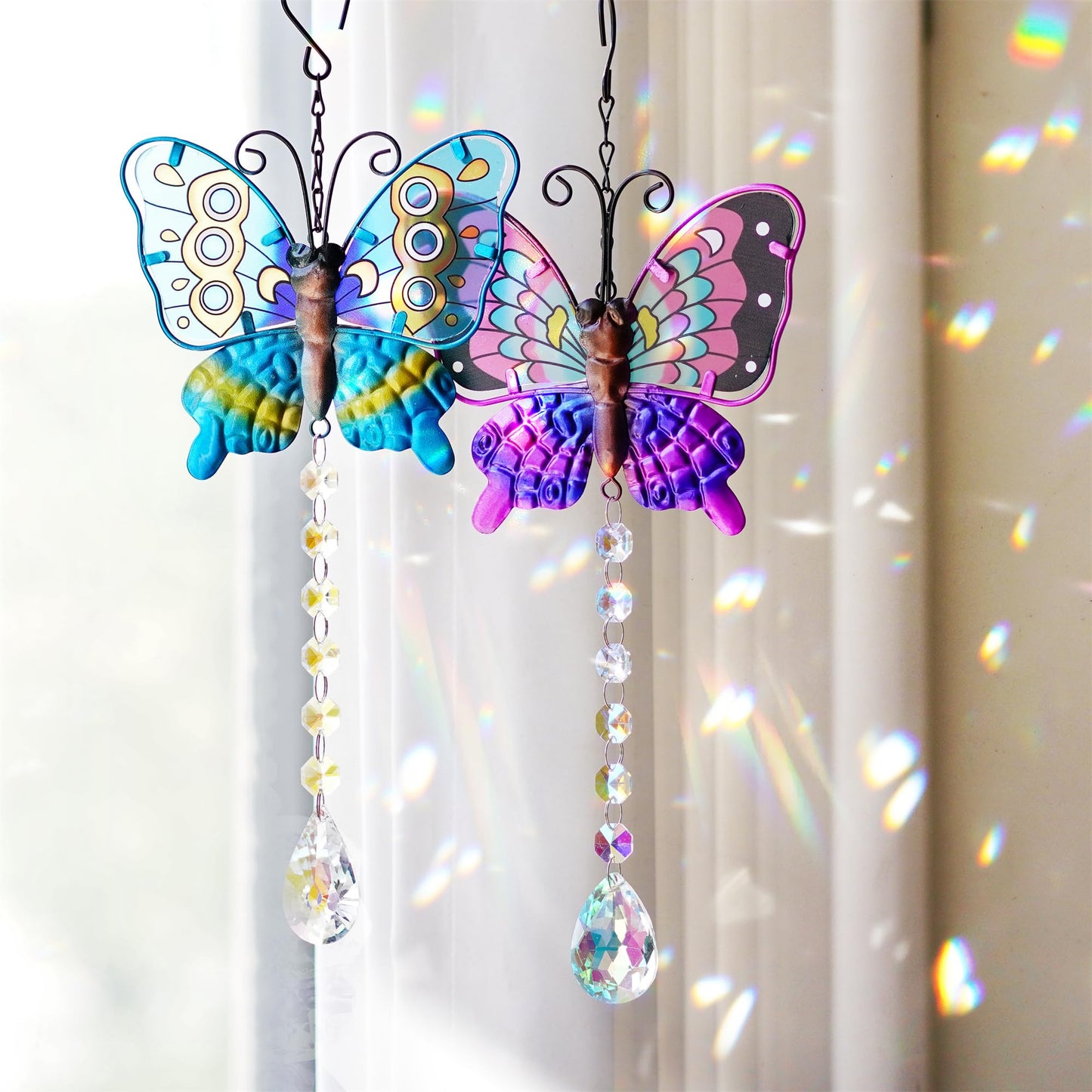 Set 2 Metal Butterfly Suncatchers for Windows - 14" Outdoor Fence Wall Art Decor, Rainbow Prisms Sun Catchers with Crystals Hanging for Home Garden Ornament for Christmas Tree