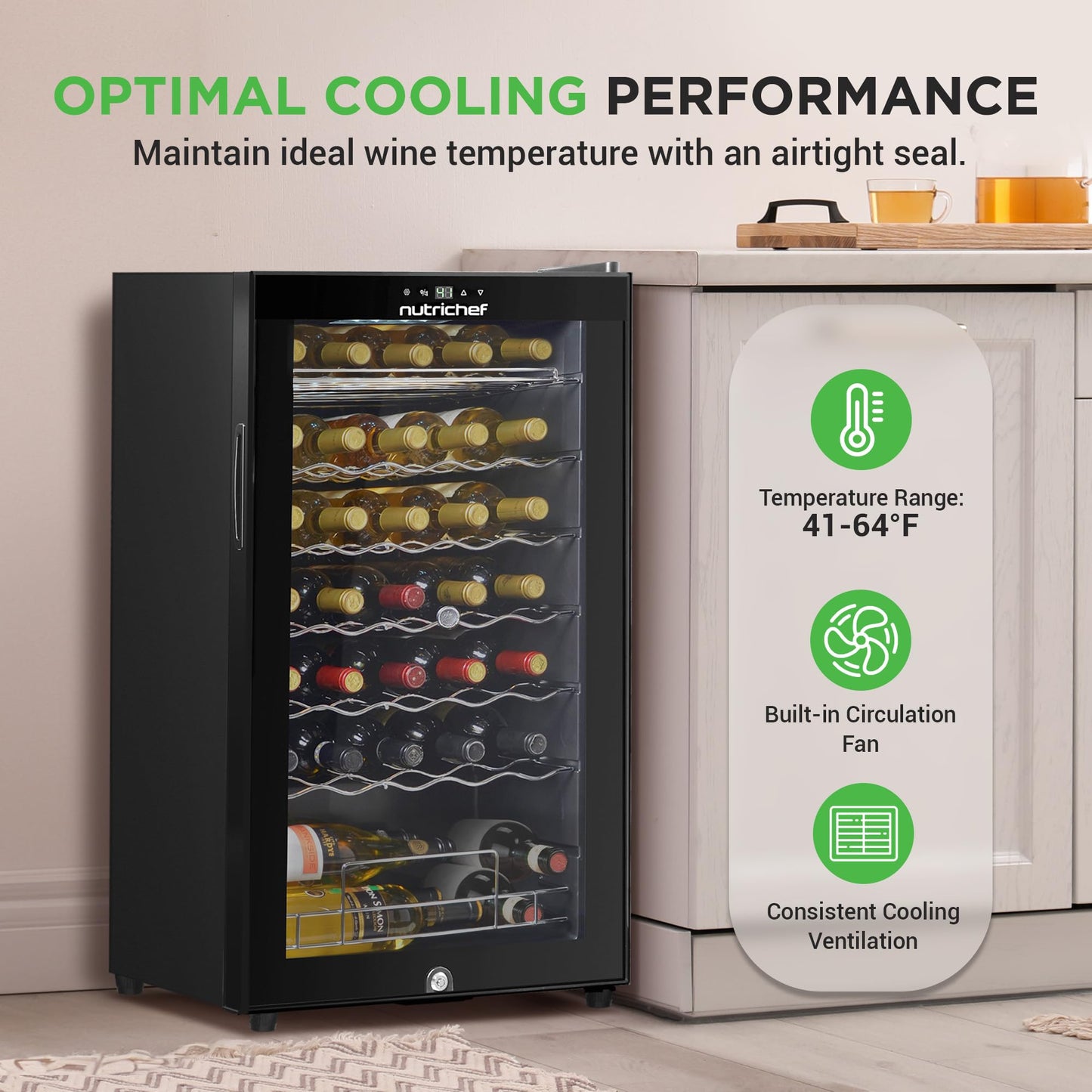 NutriChef PKCWC340 Wine Fridge, 34 Bottle Single Zone Beverage Chiller, 93.5L Capacity, 33x19x17 IN, Black