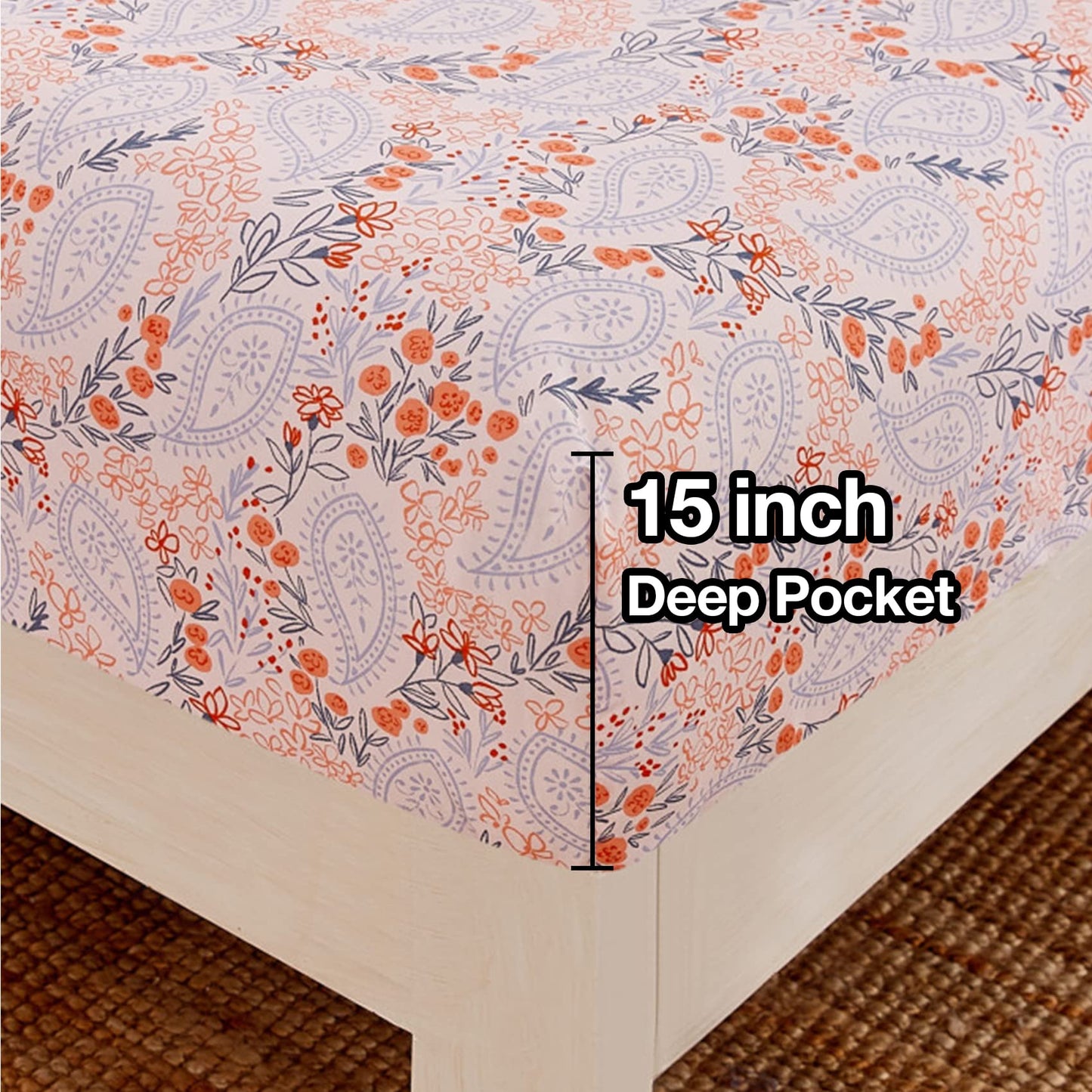JSD Pink Paisley Floral Sheet Set Queen Size, 4 Piece Soft Printed Microfiber Sheets Extra Deep Pocket