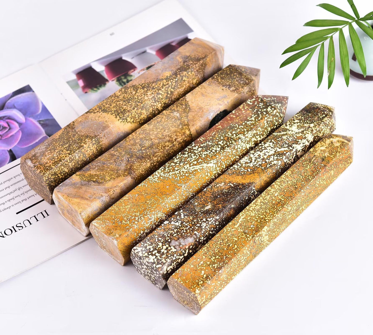 AMOYSTONE Large Yellow Ocean Jasper Stone Wand Healing Crystal Obelisk Tower 6 Faceted Column Reiki Chakra Meditation Therapy 2.2-2.6 LBS