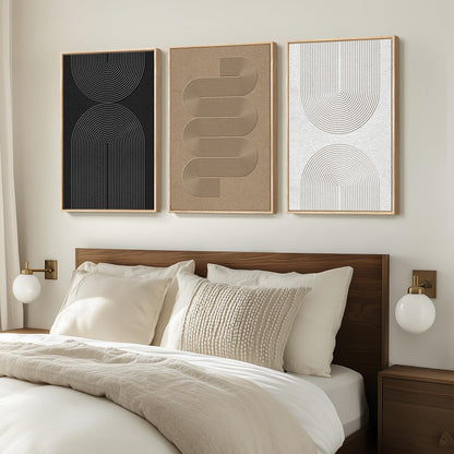 Large Framed Boho Modern Neutral Abstract Wall Art for Living Room, 3 Piece Black and White Canvas Prints Paintings Artwork for Walls, Geometric Pictures for Office Bedroom Dining Room Decor, 24x36 In