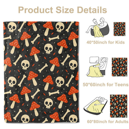 Spooky Mushroom Skull Throw Blanket, Lightweight Warm Flannel Blankets, Home Decor and Gifts, Soft Cozy Throws for Women Men, 50"X60" for Bed Couch Travel Office