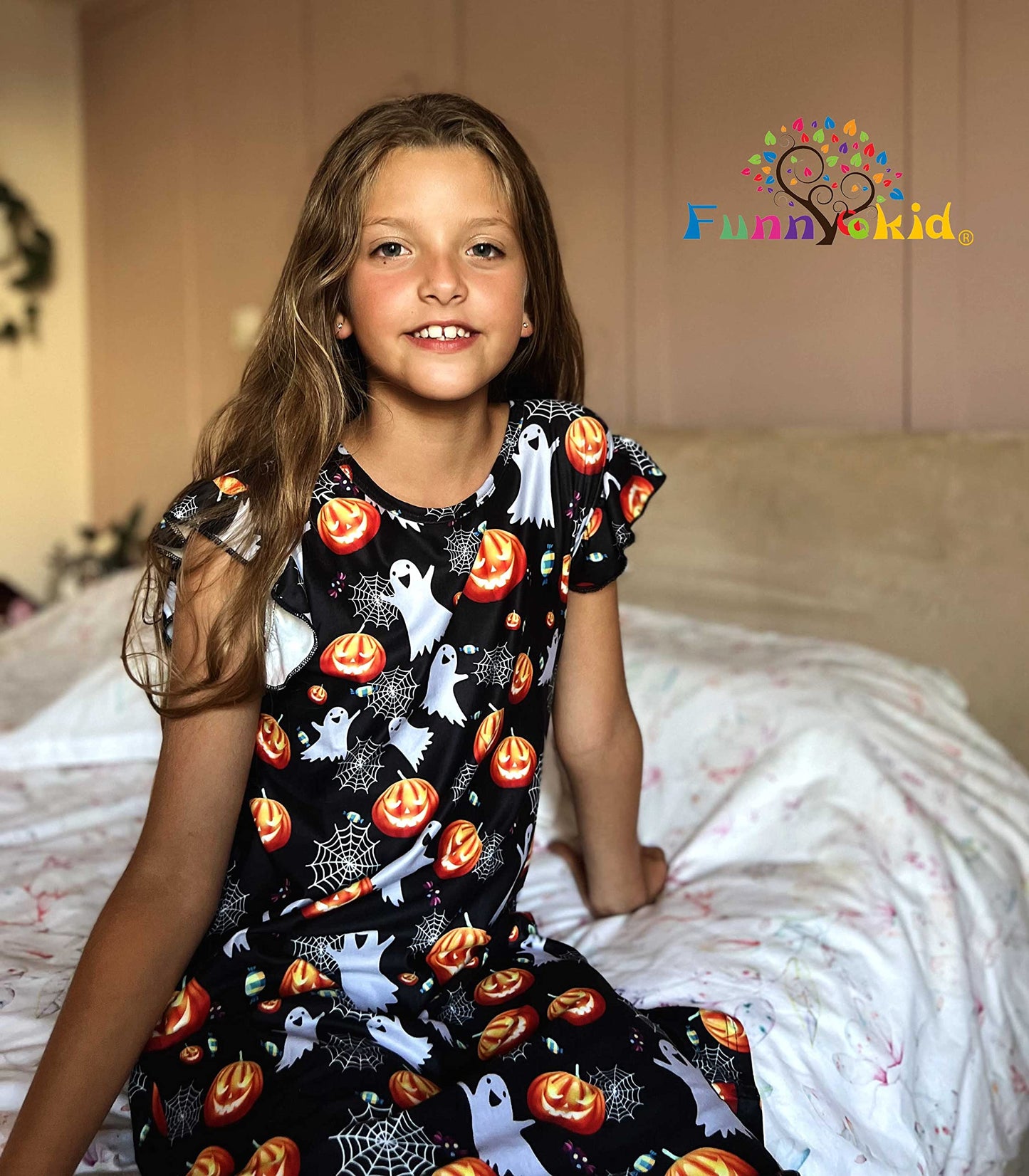 Funnycokid Princess Girls Halloween Nightgowns Pajamas Dress 10 Years Comfortable A-Line Knee Length Sleepwear for Halloween Carnival 9-10 T