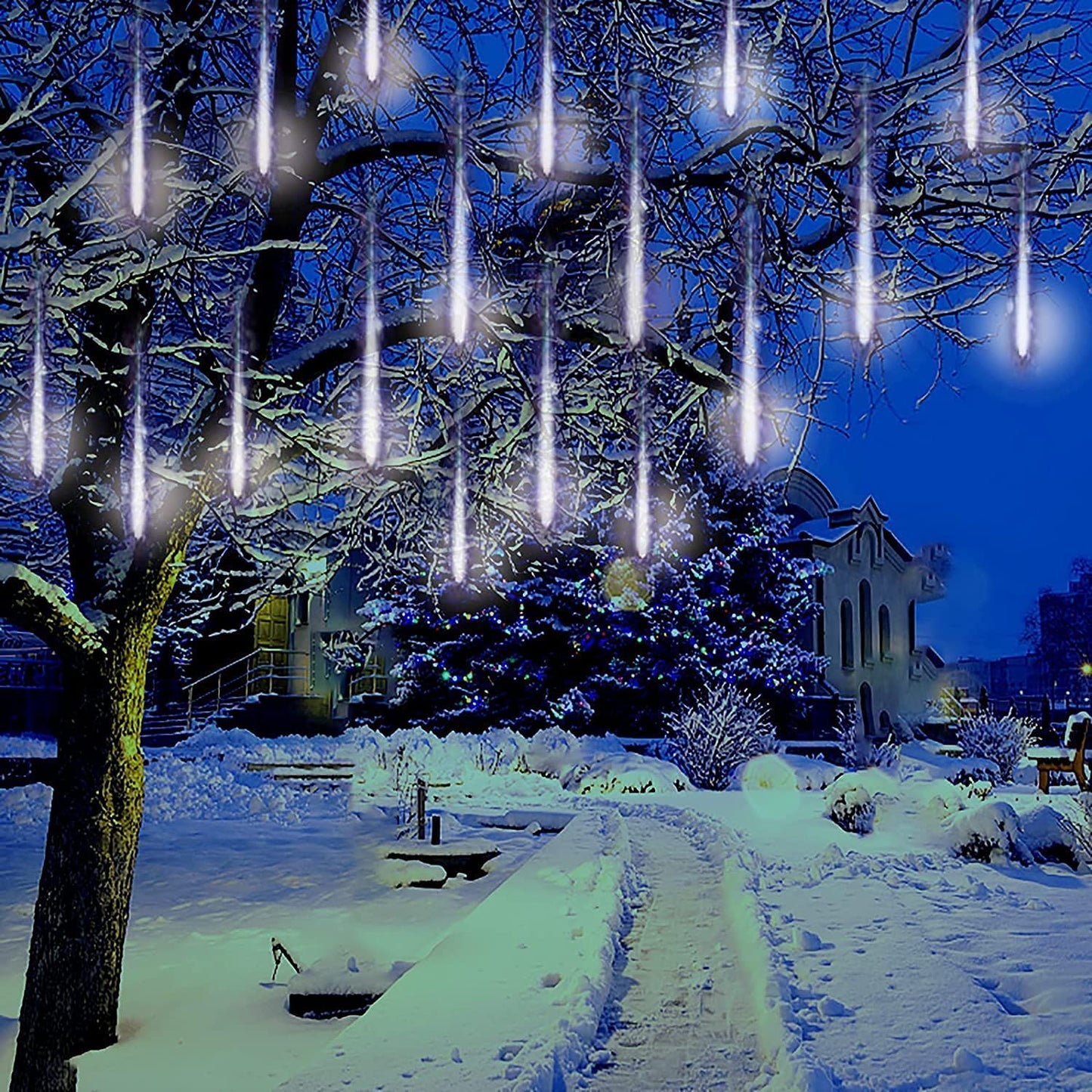 Kordain Christmas Lights Outdoor, Meteor Shower Lights Falling Star 12 inch 8 Tubes 144 LED Icicle Snow Falling Raindrop for Xmas Tree Halloween Party Decoration, UL Plug, White