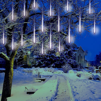 Kordain Christmas Lights Outdoor, Meteor Shower Lights Falling Star 12 inch 8 Tubes 144 LED Icicle Snow Falling Raindrop for Xmas Tree Halloween Party Decoration, UL Plug, White