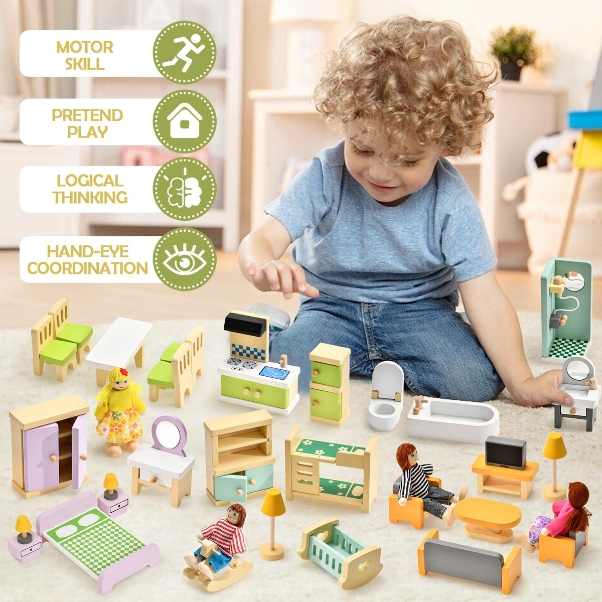 Toyssa Wooden Dollhouse Furniture Set, 36PCS Miniature Doll House Accessories with Colorful 5 Room & 4 Flexible Family Dolls, Pretend Play Toys Birthday Gift for Toddlers 3 4 5 6 Years Old