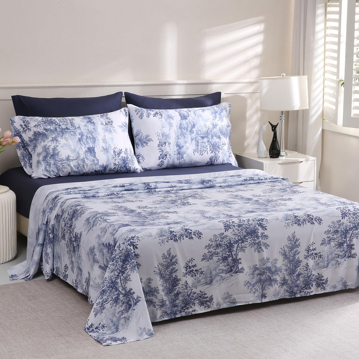 LONAVA Botaincal Queen Size 6 Pcs Sheet Set, Breathable Microfiber Deep Pocket Navy Fitted Sheets, Comfy & Breathable Patterned Flat Sheets,4 Gentle Soft Pillowcases, Blue Forest