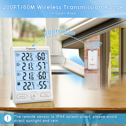 Geevon Indoor Outdoor Thermometer Wireless with 3 Remote Sensors, Digital Hygrometer Thermometer, Wireless Temperature Humidity Monitor Gauge with 200FT/60M Range (Black)