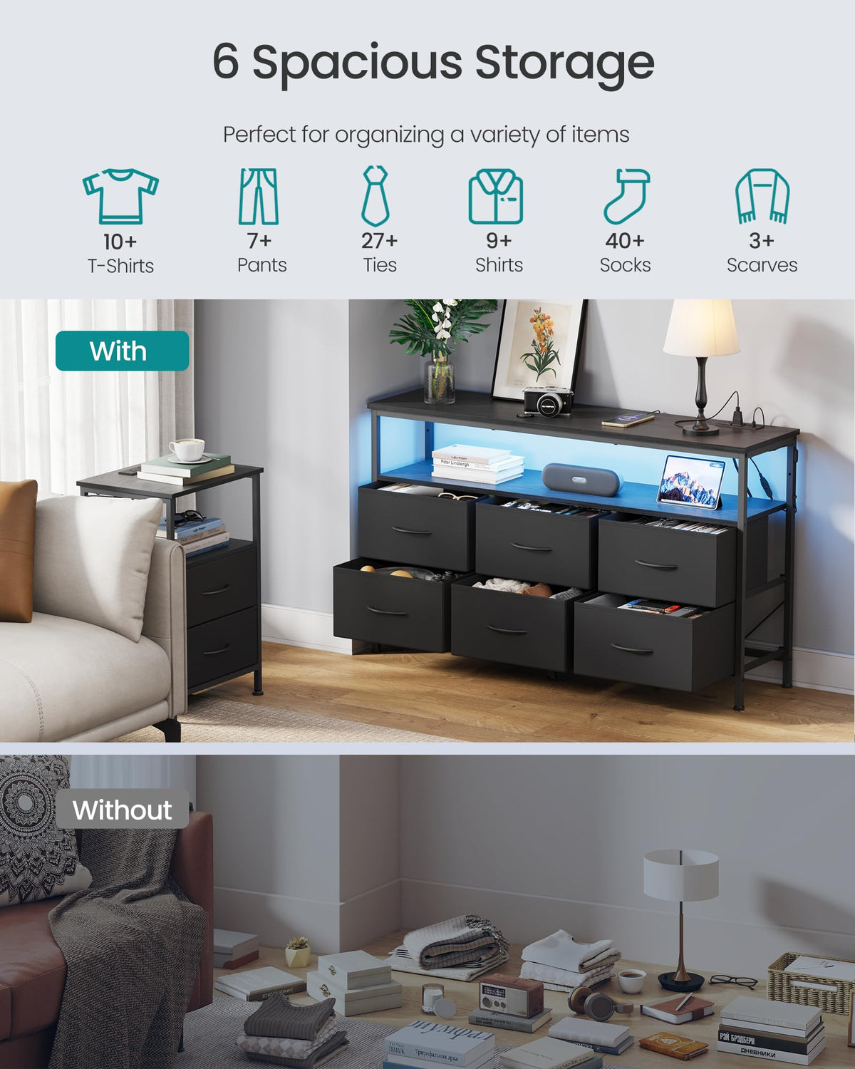 SONGMICS BELLAH Collection - Dresser for Bedroom, Chest of Drawers, TV Stand for TVs Up to 55 Inches, Living Room, Closet, 6 Drawers and 1 Shelf, Modern, Ink Black ULGS833BH02S