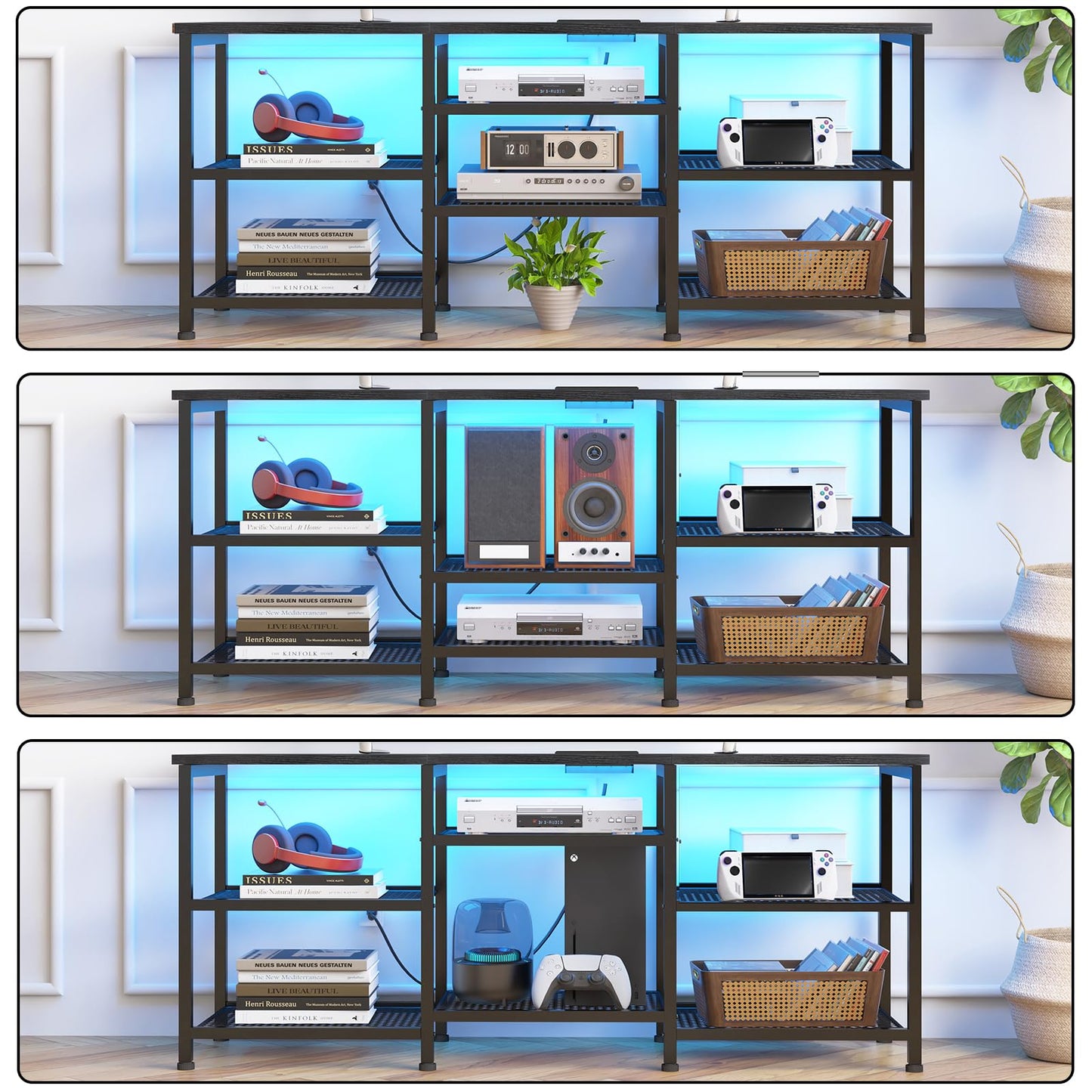 YGEOMER Entertainment Center for TVs Up to 50 Inch, Entertainment Stand with Power Outlet and LED Lights Open Storage Shelves, TV Console Table for Living Room and Bedroom, Black