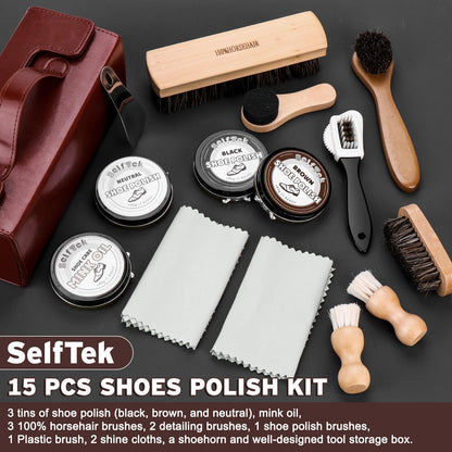 SelfTek Shoe Shine Kit - 15 PCS Shoe Polish Kit, Leather Boot Care Kit with Horsehair Brush and More with Portable Travel Case for Gentle Care Cleaning, Birthday Gifts for Men