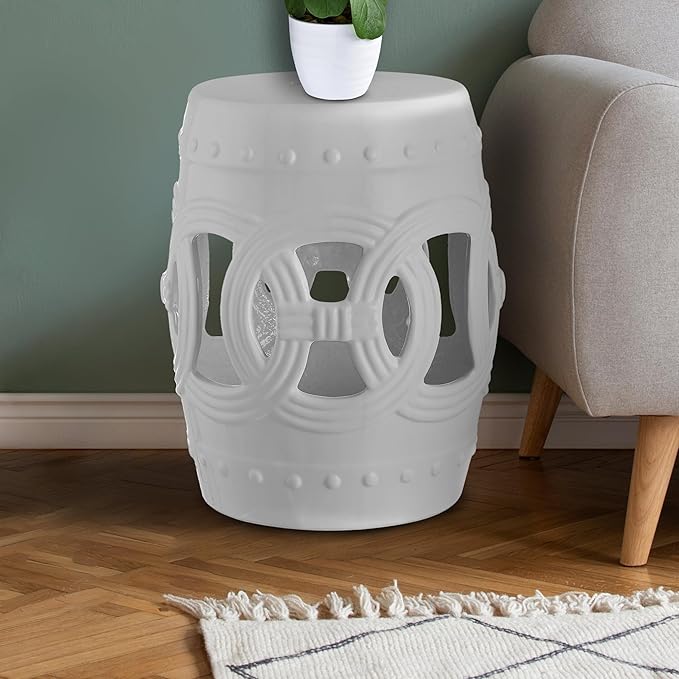 JONATHAN Y TBL1022A Lucky Coins 16" Chinese Ceramic Drum Indoor/Outdoor Garden Stool, Bohemian, Coastal, Cottage, French Country, Traditional, Spill-Proof, Living Room, Garden Room, Patio, White