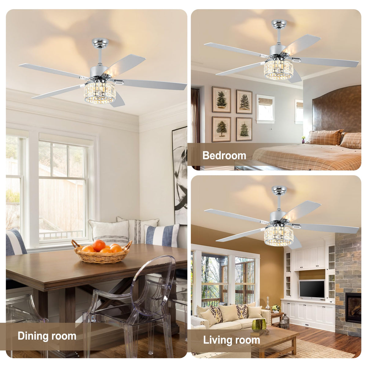 Esiovco Chandelier Ceiling Fans with Lights and Remote,Caged Ceiling Fan with Light,App 5 Blades E26 Fandelier Ceiling Fans with Lights,Crystal Ceiling Fan for Bedroom,Living Room. (Nickel, 60 Inch)