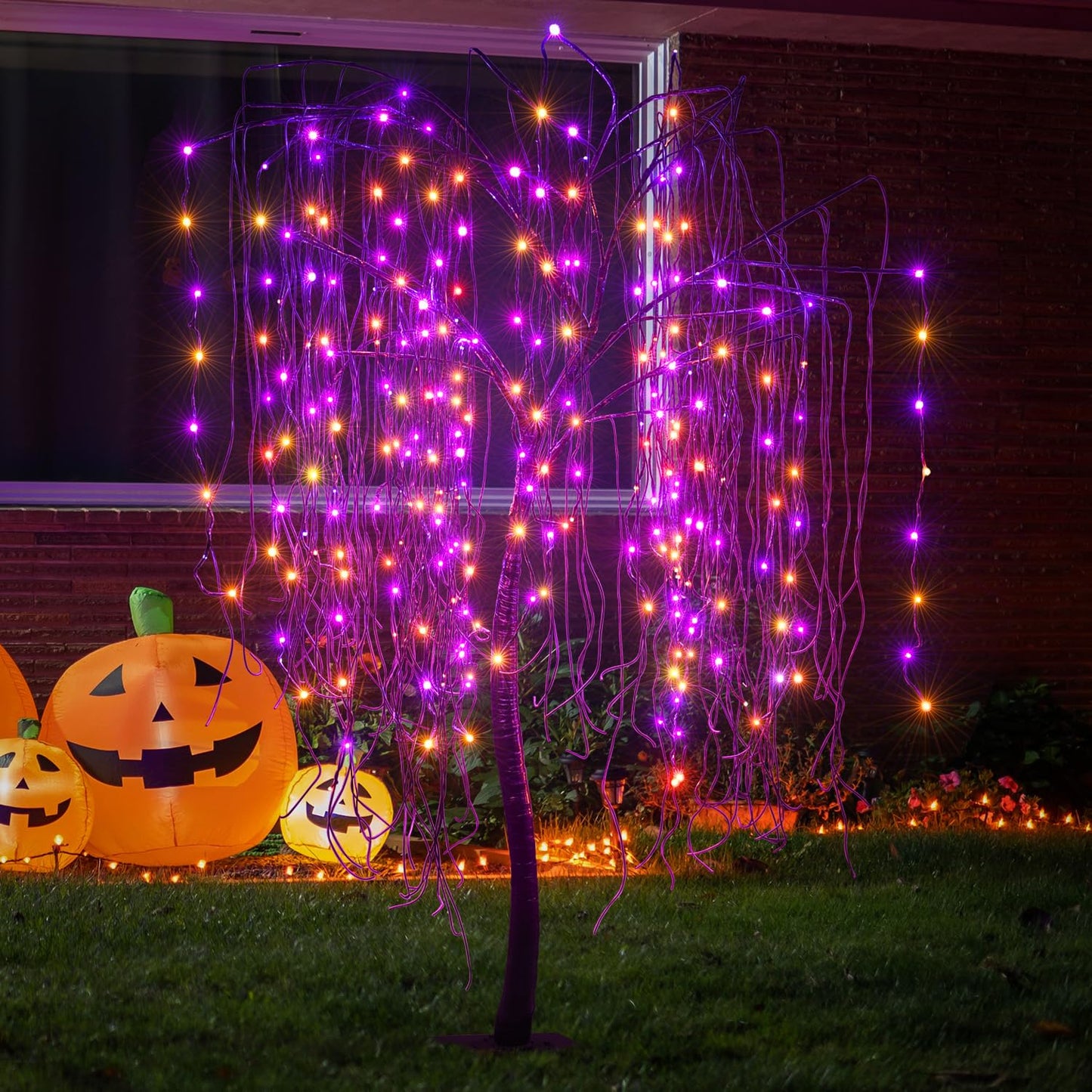 LIGHTSHARE 7 Feet Halloween Willow Tree, 256 LED Lights for Home, Festival, Nativity,Party, and Christmas Decoration,Includes Spiders and White Cobweb,Indoor Outdoor Use,Orange & Purple