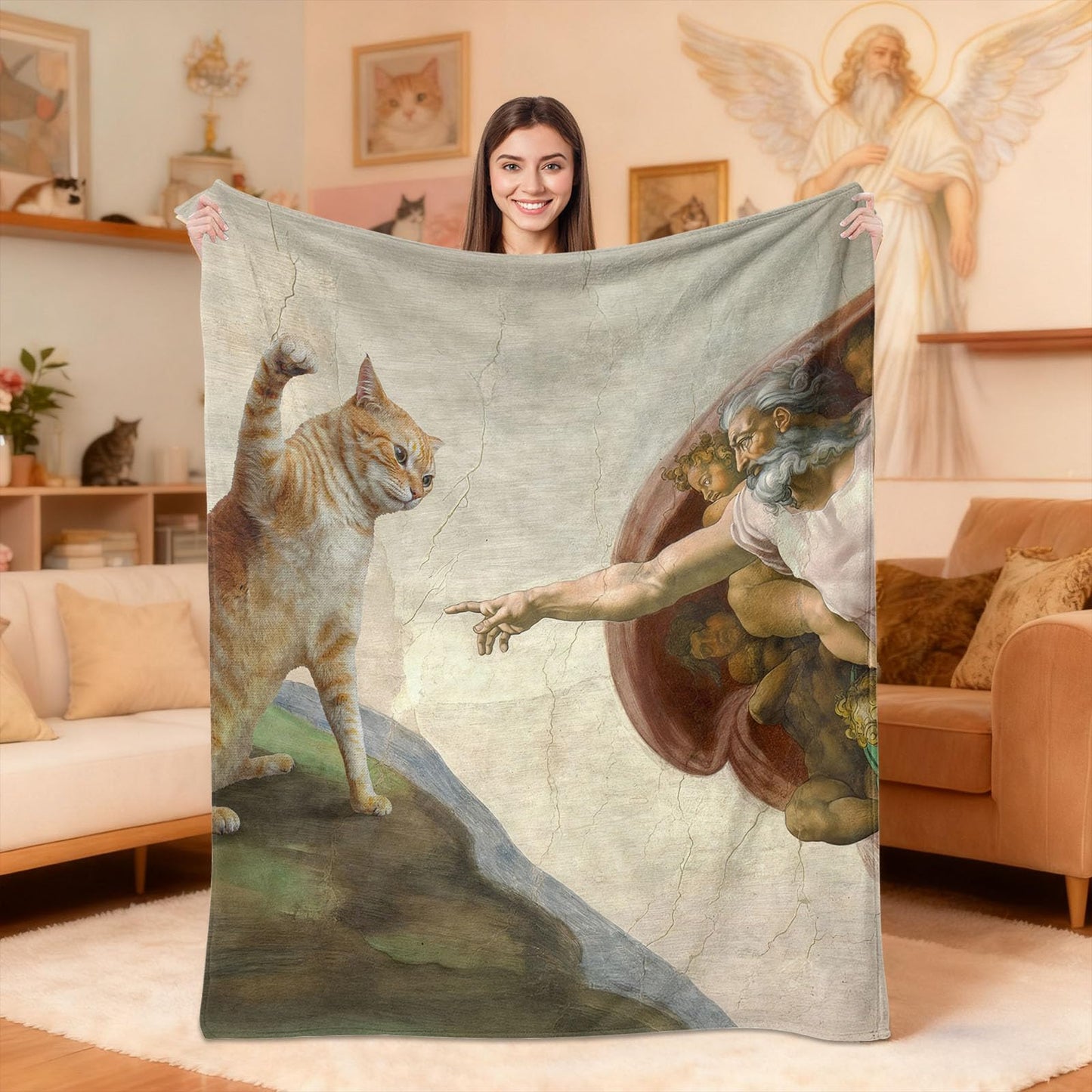 kampdream Funny Cat Art Flannel Blanket, Michelangelo Parody with Orange Cat, Super Soft and Warm Blanket for Couch Sofa Living Room Ideal Gift Beige 50×60 inch