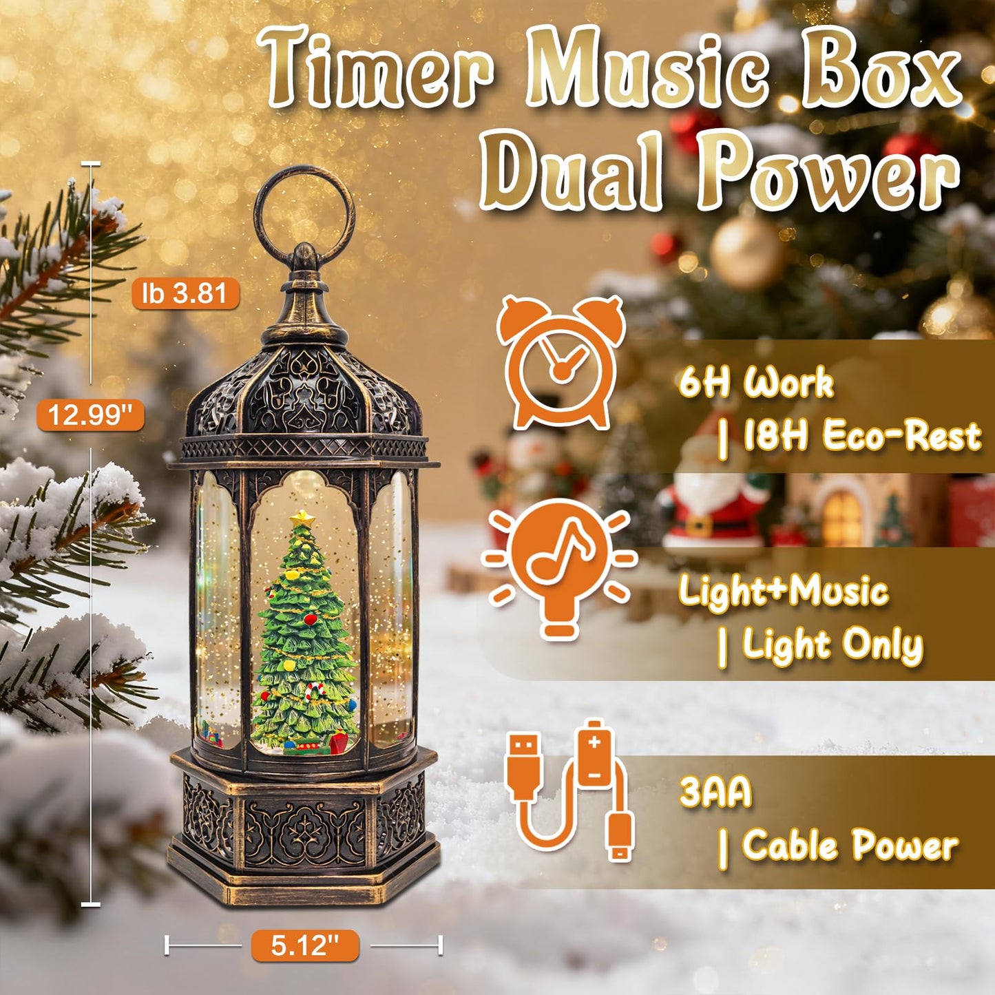 Christmas Snow Globes with Music,6H Timer Cylindrical Flashing Snow Ball,Bronze Musical Box Including 8 Songs,Glitter Snowflakes Lantern with Christmas Tree Xmas Decor Gift